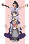  1boy 3girls arven_(pokemon) black_hair blue_hair braid brown_eyes brown_hair double_thumbs_up double_v glasses green_hair grey_eyes hair_over_one_eye highres holding holding_poke_ball hood hoodie juliana_(pokemon) light_brown_hair long_hair multicolored_hair multiple_girls necktie nemona_(pokemon) open_mouth pantyhose penny_(pokemon) poke_ball poke_ball_(basic) pokemon pokemon_sv ponytail purple_necktie red_hair round_eyewear school_uniform shirt short_hair short_sleeves side_braid smile streaked_hair thumbs_up two-tone_hair uva_academy_school_uniform v yao_(evep3835) 