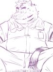  2022 absurd_res anthro belly bodily_fluids bottomwear clothing delivery_bear_service felid hi_res kamui_shirow kemono male mammal overweight overweight_male pantherine pants shirt sitting sketch solo sweat taiga_(kamui_shirow) tiger topwear towel towel_around_neck 