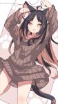  1girl animal_ears black_hair blush brown_sweater cat_ears cat_tail colored_inner_hair commentary_request daidai_ookami highres long_hair long_sleeves looking_at_viewer multicolored_hair open_mouth orange_eyes orange_hair original ribbed_sweater smile solo sweater tail 