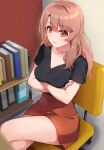  1girl arms_under_breasts black_bra black_shirt book bra bra_visible_through_clothes breasts brown_eyes brown_hair chair closed_mouth commentary crossed_arms crossed_legs frown highres indoors kamille_(vcx68) large_breasts light_particles long_hair looking_at_viewer on_chair oshi_no_ko pencil_skirt red_skirt revision saitou_miyako shelf shirt short_sleeves sitting skirt solo thighs underwear 