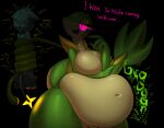 absurd_res anthro anthro_pred belly big_belly breasts chubby_female dialogue digestion digestion_noises duo english_text featureless_breasts female female_pred feral generation_4_pokemon generation_5_pokemon glowing glowing_eyes hi_res imminent_vore larger_female male male_prey nintendo overweight overweight_female pink_pupils pokemon pokemon_(species) pupils remn_the_shinx remnartx rumbling_stomach shinx size_difference smaller_male smile snavi_the_snivy snivy starstrikex tail taunting teasing text thick_thighs vore wide_hips