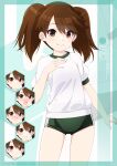  1girl alternate_costume artist_name brown_eyes brown_hair buruma character_name commentary_request cowboy_shot expressions green_buruma gym_shirt gym_uniform hand_on_own_chest highres inaba_shiki kantai_collection long_hair looking_at_viewer ryuujou_(kancolle) shirt smile solo t-shirt white_shirt 