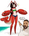  1boy 1girl :o absurdres antlers bandeau beard blue_shorts blunt_bangs breasts brown_hair cleavage colored_skin facial_hair fat fat_man full_body grin highres jewelry justadrian_(yoadriandk) lobster_claw lobster_girl lobster_tail long_hair medium_breasts meme necklace original outdoors pointing pointing_at_another red_skin sharp_teeth shorts smile sparkle standing star_(symbol) teeth white_background 