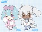  2girls :&lt; ahoge animal_ears animal_slippers anklet blouse blue_background blue_hair blue_pants blue_shirt blush_stickers bow brown_eyes camisole chibi closed_mouth coat collared_shirt cross-laced_footwear dark-skinned_female dark_skin dog_ears dog_girl dog_slippers dog_tail english_commentary flower_hairband full_body grey_hair grey_sweater hair_between_eyes hair_bow hair_ornament hairpin hand_up jewelry lapithai large_bow long_hair looking_at_viewer multiple_girls no_pupils one_eye_closed open_mouth original pants pink_camisole pink_footwear pink_socks plaid plaid_background purple_bow purple_eyes shirt sleeves_past_fingers sleeves_past_wrists slippers socks solo standing standing_on_one_leg striped striped_socks sweater tail thighhighs white_coat white_socks white_thighhighs 