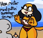anthro beach big_breasts black_clothing black_panties black_underwear breasts brown_clothing brown_topwear canid canine canis clothing collar dialogue digital_drawing_(artwork) digital_media_(artwork) domestic_dog duck_hunt duck_hunt_dog duo female grey_body hi_res holding_object human huntress_(lewdewott) lewdewott looking_at_another mammal nintendo open_mouth orange_body outside panties seaside spiked_collar spikes standing sunscreen tail topwear underwear