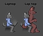 absurd_res anthro blue_clothing blue_hoodie blue_topwear blush blush_lines bottomless brown_body brown_fur canid canine canis clothed clothing computer digital_media_(artwork) duo electronics fur glistening glistening_eyes glistening_nose grey_background grey_body grey_fur grey_tail hair hi_res holding_leg holding_thigh hoodie hoodie_only laptop looking_at_another looking_at_partner luhrak male male/male mammal meme mouth_closed muscular on_lap paws shaded simple_background simple_shading sitting sitting_on_another sitting_on_lap size_difference smile surprise tail tail_around_partner text topwear topwear_only tuft wolf working