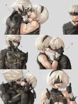  1girl 2b_(nier:automata) 2boys 9s_(nier:automata) absurdres back_cutout black_blindfold black_choker black_hairband blindfold choker clothing_cutout covered_eyes cyborg english_commentary eyepatch feather_trim hairband hand_on_another&#039;s_face hetero highres kiss mechanical_parts metal_gear_(series) metal_gear_rising:_revengeance mole mole_under_mouth multiple_boys muscular muscular_female nier:automata nier_(series) raiden_(metal_gear) short_hair smile thumbs_up yaoi yoracrab 