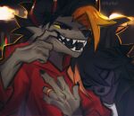 2024 anthro artist_name black_nose canid canine clothing digital_media_(artwork) duo eyes_closed fangs hyilpi mammal open_mouth red_clothing red_shirt red_topwear ring shirt teeth topwear yellow_sclera