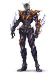 1boy armor black_armor blue_eyes build_driver chaoslegon clenched_hand clenched_teeth cross-z_dragon dragon fire flame flame_print kamen_rider kamen_rider_build_(series) kamen_rider_cross-z open_hand sharp_teeth simple_background sketch spikes stylistic teeth white_background 