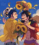  2boys abs blue_sky blush cape cloud commentary_request demorzel denim earrings facial_hair flower fur_hat goatee hat holding holding_flower jeans jewelry looking_at_another male_focus monkey_d._luffy multiple_boys navel one_piece open_mouth outdoors pants red_shirt scar scar_on_face shirt sky smile straw_hat sunflower trafalgar_law unworn_hat unworn_headwear yaoi yellow_eyes yellow_shirt 