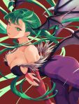  1girl absurdres animal_print ass bare_shoulders bat_print black_leotard breasts bridal_gauntlets cleavage demon demon_wings green_eyes green_hair green_nails head_wings highres large_breasts leotard lips long_hair looking_at_viewer morrigan_aensland pantyhose print_pantyhose purple_pantyhose simple_background solo vampire_(game) wings yuu_(primenumber7) 