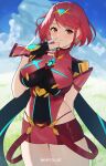  1girl absurdres arm_behind_back black_gloves blue_sky breasts chest_jewel closed_mouth covered_navel cowboy_shot earrings fingerless_gloves gloves highres jewelry kndy large_breasts looking_at_viewer pyra_(xenoblade) red_eyes red_hair red_shorts short_hair short_shorts shorts skin_tight sky smile solo xenoblade_chronicles_(series) xenoblade_chronicles_2 