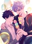 2boys balloon black_hair black_shirt blue_eyes cardigan collared_shirt commentary_request cup disposable_cup drink drinking_straw food fushiguro_megumi gojou_satoru green_eyes grey_cardigan hair_between_eyes holding holding_cup ice_cream ice_cream_cone jujutsu_kaisen long_sleeves looking_at_another male_focus multiple_boys open_mouth shared_food shirt short_hair spiked_hair sunglasses triple_scoop white_hair white_shirt wuzhiang_liufu 