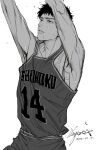  1boy absurdres armpits arms_up bare_arms basketball_uniform chinese_commentary commentary_request cowboy_shot dated english_commentary greyscale highres kami_off_record looking_up male_focus mitsui_hisashi mixed-language_commentary monochrome muscular muscular_male parted_lips shorts signature simple_background slam_dunk_(series) solo sportswear sweat tank_top thick_eyebrows white_background 