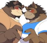  2boys animal_ears bara bear_boy bear_ears beard blush callmemuffin_(my_wet_muffin) chest_tuft couple dog_boy dog_ears eye_contact facial_hair from_side full_beard furry furry_male furry_with_furry glasses goatee heart heart_hands heart_hands_duo highres large_pectorals looking_at_another male_focus mature_male multiple_boys muscular muscular_male mustache_stubble noses_touching original pectoral_docking pectoral_press pectorals profile round_eyewear shirt short_hair smile t-shirt thick_beard thick_eyebrows upper_body yaoi 