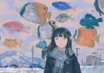  1girl :| absurdres black_coat black_hair blue_eyes building closed_mouth coat cropped_torso fish flying_fish grey_scarf highres katakai long_hair looking_to_the_side original outdoors purple_clouds scarf single_sidelock snow solo tropical_fish utility_pole 