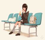  1girl bag bench black_hair black_serafuku brown_eyes brown_serafuku brown_skirt cat chair eating food grey_socks highres holding holding_food kneehighs licking licking_finger loafers long_hair long_sleeves looking_to_the_side nakamura_hinata original pleated_skirt sailor_collar sandwich school_uniform serafuku shadow shoes signature sitting skirt socks solo white_cat white_sailor_collar 