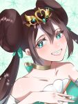  1girl bare_shoulders brown_hair choker collarbone double_bun dress hair_bun highres kamicho_musharu official_alternate_costume pokemon pokemon_masters_ex rosa_(champion)_(pokemon) rosa_(pokemon) smile solo sparkle strapless strapless_dress teeth tiara upper_body 