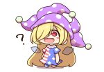  1girl ? alternate_hairstyle american_flag_dress american_flag_legwear blonde_hair blush_stickers clownpiece commentary_request fairy_wings hair_over_one_eye hat highres jester_cap long_hair open_mouth polka_dot_headwear red_eyes shitacemayo smile solo touhou very_long_hair wings 