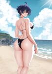  1girl ahoge ass beach bikini black_bikini black_hair breasts closed_mouth cloud deroo fang hair_between_eyes highres kneepits large_breasts median_furrow ocean original sand shore short_hair sky solo swimsuit water yellow_eyes 