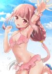  1girl :d bangs bikini blunt_bangs braid breasts cleavage frilled_bikini frills highres long_hair looking_at_viewer magia_record:_mahou_shoujo_madoka_magica_gaiden mahou_shoujo_madoka_magica navel pink_eyes pink_hair sandals sidelocks small_breasts smile solo striped striped_bikini swimsuit tamaki_iroha tooo88 