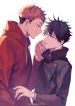  2boys black_hair black_jacket buttons closed_eyes commentary_request drawstring facial_mark fushiguro_megumi green_eyes hair_between_eyes hand_in_pocket hand_on_another&#039;s_face high_collar hood hood_down hoodie itadori_yuuji jacket jujutsu_kaisen long_sleeves looking_at_another male_focus multiple_boys pink_hair red_hoodie school_uniform short_hair smile spiked_hair undercut white_background wuzhiang_liufu yaoi 