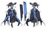  1girl alternate_costume artist_request bare_shoulders black_footwear black_skirt blue_butterfly blue_dress blue_eyes blue_hair boots bug butterfly closed_mouth dress fu_hua full_body grey_hair hair_between_eyes halloween halloween_costume hat highres honkai_(series) honkai_impact_3rd large_hat long_hair looking_at_viewer low_ponytail ponytail sanseling simple_background skirt solo standing too_many_butterflies white_background witch witch_hat 