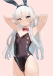  1girl alternate_costume animal_ears arms_up black_leotard blunt_bangs blush bow bowtie breasts closed_mouth covered_navel detached_collar fake_animal_ears grey_eyes grey_hair hands_in_hair highleg highleg_leotard kantai_collection leotard long_hair pink_background playboy_bunny rabbit_ears red_bow red_bowtie sakieko shirakumo_(kancolle) simple_background small_breasts solo strapless strapless_leotard very_long_hair 