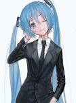  1girl absurdly_long_hair aqua_eyes aqua_hair aqua_nails black_jacket black_necktie black_suit commentary cowboy_shot formal hand_in_own_hair hand_on_hip hand_up hatsune_miku head_tilt jacket korpokkur_kne long_hair looking_at_viewer nail_polish neck_tattoo necktie one_eye_closed pants shirt smile solo standing suit tattoo twintails very_long_hair vocaloid white_background white_shirt 