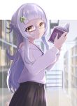  1girl absurdres alternate_hairstyle bangs bare_shoulders bespectacled black_skirt blunt_bangs blurry blurry_background book braid closed_mouth commentary_request depth_of_field glasses grey_hair hair_ornament highres hilamaru holding holding_book hololive library long_hair long_sleeves looking_at_viewer murasaki_shion open_book rimless_eyewear skirt smile solo very_long_hair virtual_youtuber 