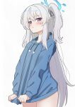 1girl absurdres ass blue_archive blue_halo blue_hoodie blush braid closed_mouth cowboy_shot grey_hair halo highres hood hoodie long_hair long_sleeves miyako_(blue_archive) mollra official_alternate_costume one_side_up purple_eyes simple_background solo white_background 