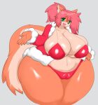 2024 anthro big_breasts big_tail bottom_heavy bra breasts camel_toe canid canine clothing costume ear_piercing fangs female fox fur green_eyes hair hi_res huge_breasts huge_thighs hyper hyper_thighs looking_at_viewer mammal multicolored_body multicolored_fur navel open_mouth orange_body orange_fur panties piercing pink_hair santa_costume simple_background smile solo standing tail tan_body tan_fur teeth tha_randomu thick_thighs underwear unknown_character wide_hips