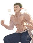  1boy abs blue_pants clenched_hands collarbone elf exercise feet_out_of_frame green_eyes green_hair hands_up jewelry kraft_(sousou_no_frieren) looking_ahead male_focus multicolored_hair muscular muscular_male navel necklace pants pendant pointy_ears sash solo sousou_no_frieren squatting steaming_body topless_male two-tone_hair undercut ve_0ekaki 