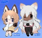  2girls animal_ears animal_hands animal_scarf bandaid bandaid_on_knee bandaid_on_leg black_footwear black_gloves black_pants blue_background blue_eyes blush_stickers brown_eyes brown_footwear brown_gloves brown_hair brown_shorts chibi closed_mouth colored_tips dark-skinned_female dark_skin dog_ears dog_girl dog_tail english_commentary fang full_body fur-trimmed_footwear fur-trimmed_jacket fur_collar fur_trim gloves gradient_background grey_hair grey_jacket hair_between_eyes hair_ornament hand_up jacket lapithai leg_warmers long_hair long_sleeves looking_at_viewer multicolored_hair multiple_girls one_eye_closed open_mouth original own_hands_together pants paw_gloves rabbit_hair_ornament reaching reaching_towards_viewer scarf short_eyebrows shorts simple_background skin_fang smile snowing standing tail white_leg_warmers white_scarf yellow_jacket 