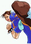  bengus boots bracelet chinese_clothes chun-li clenched_hand double_bun hair_bun high_kick highres jewelry kicking kicking_at_viewer official_art shouting simple_background spiked_bracelet spikes street_fighter 
