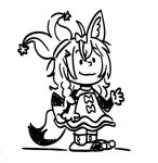  1girl ahoge animal_ears back_bow bow braid charles_schulz_(style) closed_mouth commission commissioner_upload dress fox_ears fox_girl full_body greyscale hair_bow hand_up hat hololive jester_cap long_hair monochrome non-web_source omaru_polka omaru_polka_(1st_costume) parody pointy_footwear richie_piacentini side_braid simple_background single_braid smile solo standing style_parody tilted_headwear virtual_youtuber white_background 