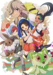  1boy 3girls arven_(pokemon) backpack bag black_hair black_pantyhose blue_hair braid brown_bag brown_eyes brown_hair collared_shirt dark-skinned_female dark_skin glasses green_eyes green_hair hair_over_one_eye hair_pulled_back hood hoodie juliana_(pokemon) light_brown_hair long_hair mizuiro123 multicolored_hair multiple_girls naranja_academy_school_uniform necktie nemona_(pokemon) open_mouth orange_eyes orange_necktie orange_shorts pantyhose penny_(pokemon) pokemon pokemon_(creature) pokemon_sv ponytail red_hair round_eyewear school_uniform see-through see-through_skirt shirt short_hair short_sleeves shorts shorts_under_skirt side_braid skirt smile sprigatito streaked_hair two-tone_hair yellow_bag 