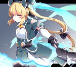  black_gloves blonde_hair capelet commentary_request cosmic_break dress feuille_vert gloves highres holding holding_weapon keyhole lolita_fashion red_eyes twintails weapon yuka_danbow 