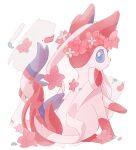  animal_focus blue_eyes bright_pupils commentary_request flower hair_flower hair_ornament highres looking_back no_humans pink_flower pokemon pokemon_(creature) prehensile_ribbon simple_background sitting soke_sa sylveon white_background white_fur 