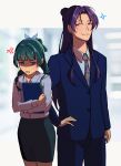  1boy 1girl :3 absurdres anger_vein black_skirt blue_eyes blue_necktie blue_pants blue_ribbon blue_suit blunt_bangs book book_hug clenched_teeth commentary contemporary english_commentary fukaikiri glaring green_hair hair_bun hair_ribbon highres holding holding_book hugging_object jinshi_(kusuriya_no_hitorigoto) kusuriya_no_hitorigoto long_hair long_sleeves looking_at_another maomao_(kusuriya_no_hitorigoto) necktie office_lady pants pencil_skirt purple_hair red_eyes ribbon shirt skirt suit teeth white_background white_shirt 