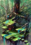  building commentary_request day fantasy floating_island forest giant_tree glowing glowing_liquid grass haguruma_rapt highres leaf light_rays metal nature no_humans original outdoors plant rock roots scenery signature stairs stream sunbeam sunlight tree vines water waterfall 