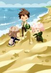  1girl 2boys ahoge animal_bag backpack bag beach black_coat black_pants brown_hair chibi closed_mouth cloud coat danganronpa_(series) danganronpa_2:_goodbye_despair day flag food fruit green_coat green_necktie grey_eyes hinata_hajime hitofutarai komaeda_nagito multiple_boys nanami_chiaki necktie ocean outdoors pants pink_bag pink_eyes pink_hair sand sand_castle sand_sculpture seashell shell shirt shore short_hair sitting skirt sky sparkle squatting standing water watermelon white_shirt white_skirt 