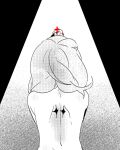  1girl bare_back cross from_behind happy_saint_sheol holding holding_cross maya_elbeth medium_hair monochrome qcu_ssn screentones star_(symbol) 