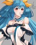  1girl absurdres artist_name bangs bare_shoulders belt blue_hair breasts choker cleavage dated detached_collar detached_sleeves dizzy_(guilty_gear) english_commentary guilty_gear guilty_gear_xrd hair_between_eyes hair_ornament hair_ribbon hair_rings hand_on_own_chest highres i_a_n large_breasts long_hair no_wings open_mouth parted_lips red_eyes ribbon sidelocks signature solo twintails upper_body wide_sleeves yellow_ribbon 