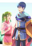  1boy 1girl aged_up armor belt blue_cape blue_eyes blue_hair blue_sky breastplate cape clenched_hand commentary_request fire_emblem fire_emblem:_mystery_of_the_emblem green_eyes green_hair letterboxed long_hair marth_(fire_emblem) open_mouth outside_border red_cape riou_(pooh920) shield short_hair shoulder_armor sky smile standing tiara tiki_(fire_emblem) tiki_(young)_(fire_emblem) two-sided_cape two-sided_fabric two-tone_cape 