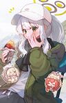  3girls absurdres black_scarf black_shorts blue_archive blush chair closed_mouth fingernails food food_on_face green_eyes green_jacket grey_hair halo hare_(blue_archive) hare_(camp)_(blue_archive) hat highres holding holding_food jacket kotama_(blue_archive) kotama_(camp)_(blue_archive) long_hair long_sleeves looking_at_viewer maki_(blue_archive) maki_(camp)_(blue_archive) multiple_girls official_alternate_costume open_clothes open_jacket ponytail qc6 scarf shorts simple_background sitting solo_focus sweet_potato white_background white_headwear 