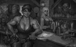 2023 absurd_res amphibian bar biceps big_breasts breasts cleavage clothed clothing cyclops deltoids dwarf elf female frog greyscale group hair hi_res holding_knife holding_object holding_weapon humanoid humanoid_pointy_ears justsomenoob knife male mammal meme monochrome muscular muscular_female orc pepe_the_frog rodent short_hair tusks weapon