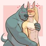 &lt;3 anthro belly big_belly blush canid canine duo embrace hand_on_chest hand_on_crotch hi_res hug lizard_soup male male/male mammal nipples overweight overweight_anthro overweight_male size_difference smaller_male soft_belly standing