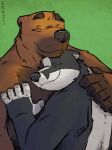  2022 anthro badger barry_the_pizza_bear black_body black_fur black_nose brown_body brown_fur duo embrace eyes_closed fur hi_res hug humanoid_hands k-9 male mammal mustelid musteline overweight overweight_male ursid white_body white_fur 