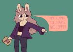 ambiguous_gender anthro clothed clothing digital_media_(artwork) fur hair hi_res holding_object lagomorph leporid mammal nonbinary_(lore) rabbit simple_background solo text thgunkster